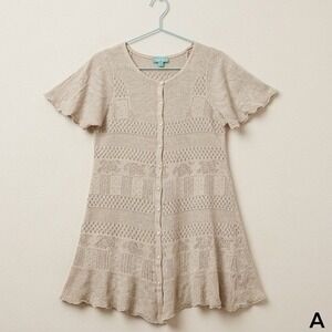 Shu Shu Pointelle Knit Button Front Tunic Top Flutter Sleeve Beige Large Women